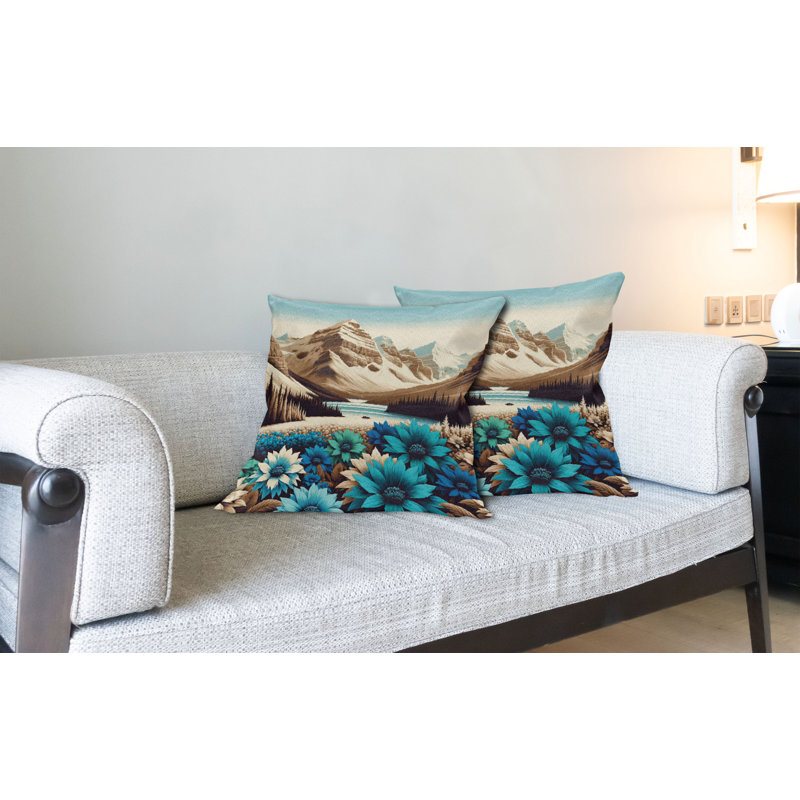 Pale Blue and Brown Polyester Floral Mountain Throw Pillow Covers