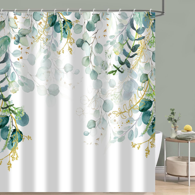 1PC Sage Green Leaf Plant Waterproof Bathtub Curtains with Hooks, 182.88cm H x 198.12cm W