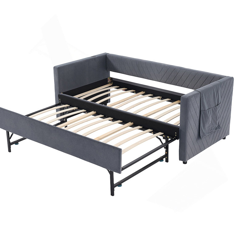 Twin Size Upholstered Daybed with Trundle,USB Port ,Side Pockets, Modern V-grained backrest Design,No Box Spring Needed, for Bedroom, Guest Room ( Grey, Twin)