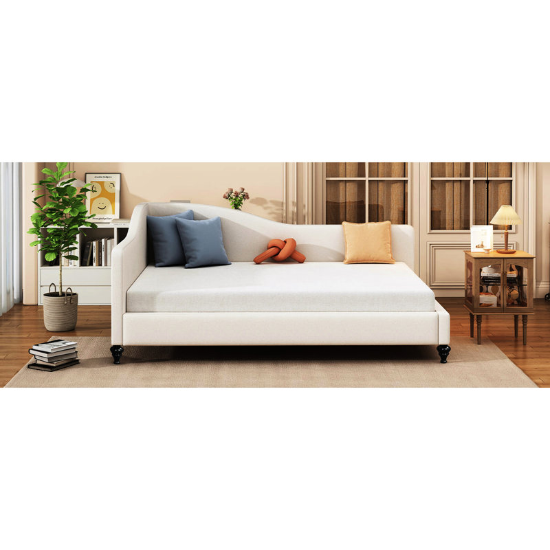 Lit de jour chic en lin beige avec pieds en bois massif - Attrait moderne en forme de L pour un repos confortable, Beige