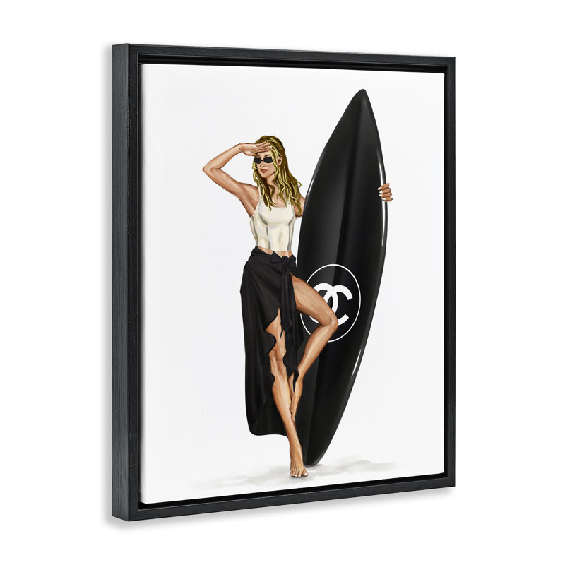 Trendy Surfer Girl dans un cadre flottant noir, design par Ziwei Li, H 21 po x l 17 po, Cadre flottant noir de jais