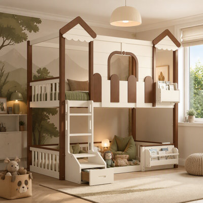 Lit superposé en bois massif avec toit et fenêtres, style maisonnette pour enfants et design démontable