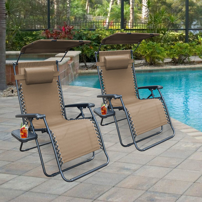 Chaise pliante Otis avec parasol et plateau pour boissons, Brun clair