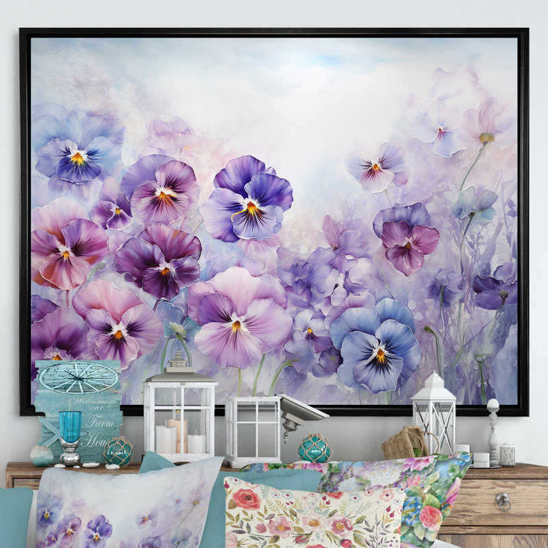 Pensées mauves en fleurs - impression, H 30 po x l 40 po x P 1,5 po, Cadre flottant noir