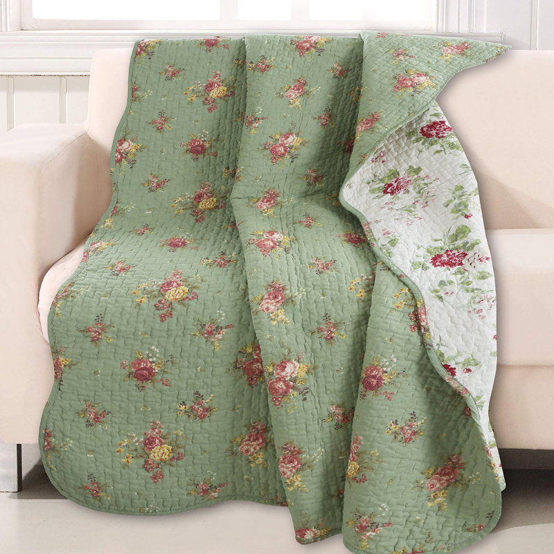 Vintage Floral Green Cotton Reversible Quilted Throw Blanket