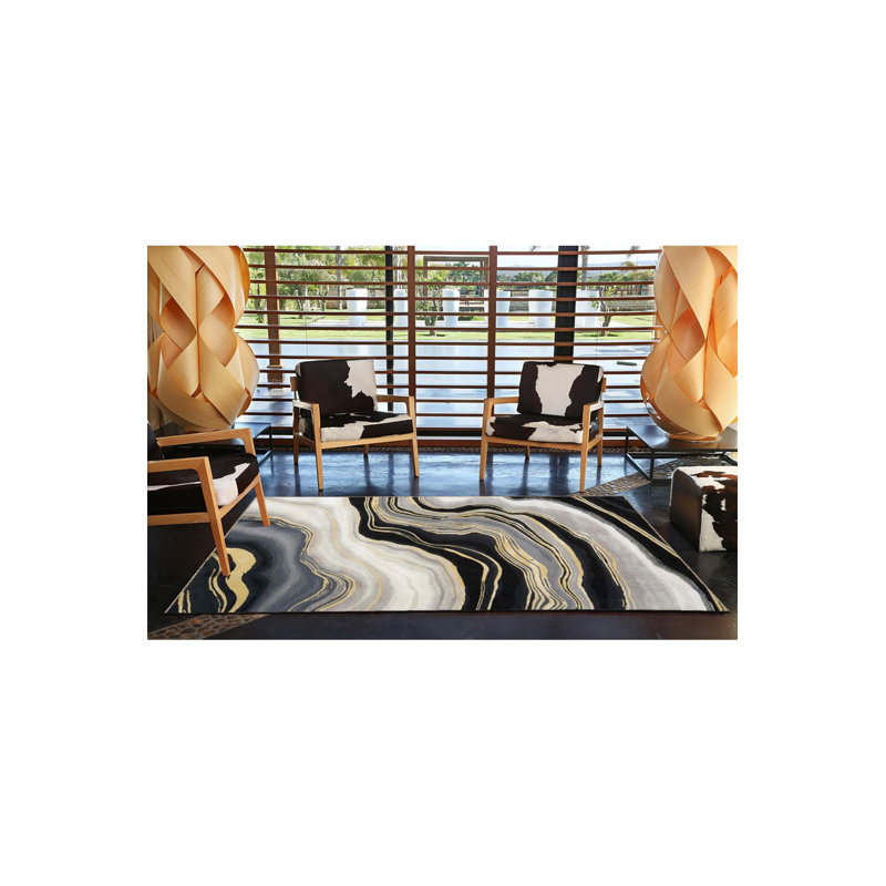 Tapis noir lavable à motif ondulé abstrait, Sous-tapis carré 3 pi 3 po inclus