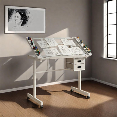 Adjustable Art Drawing Desk with Fabric Drawers and Wheels for Crafting and Drafting