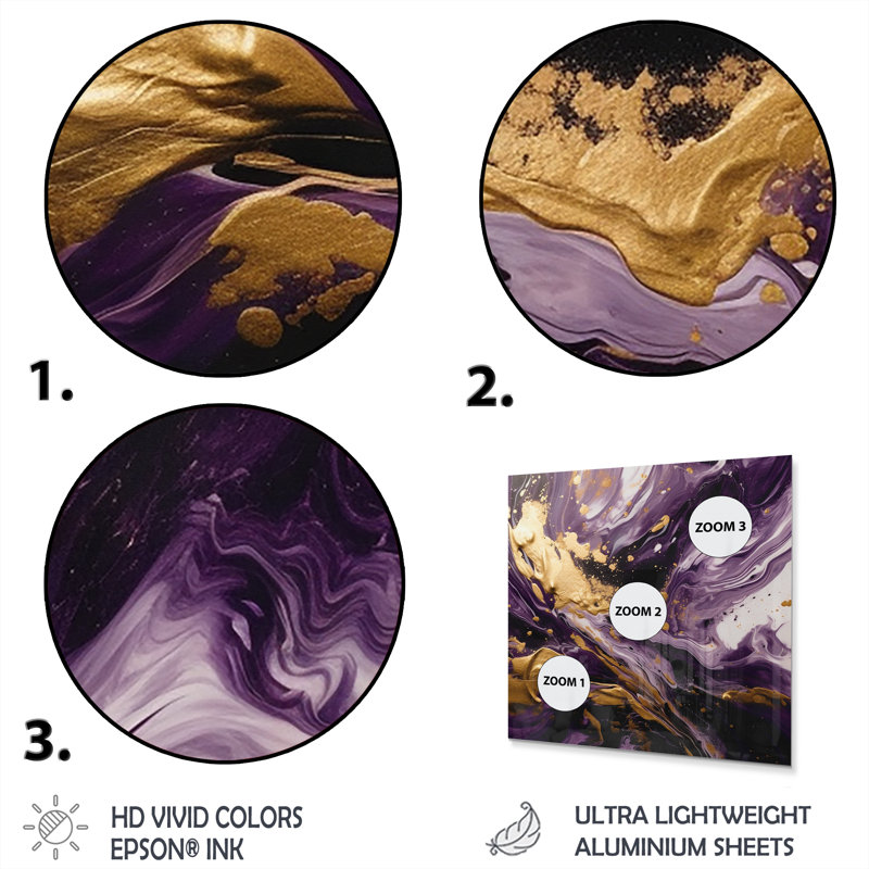 Magie liquide mauve et or I - Impression abstraite sur métal, H 16 po x l 16 po x P 1 po