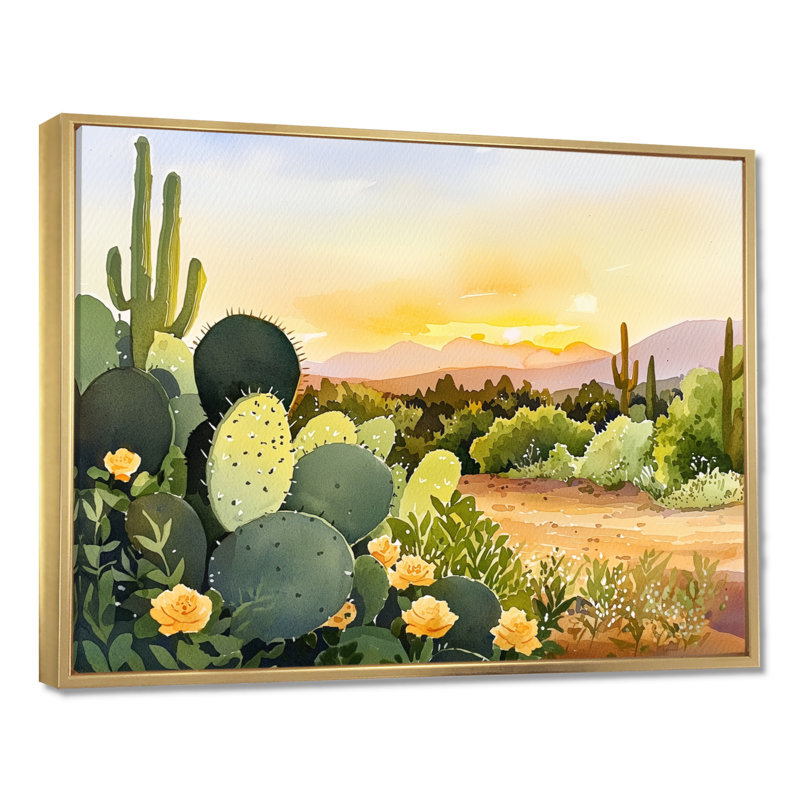Cactus Landscape At Sunset III - Floral Cactus Print, art mural, Impression dans un cadre flottant sans passe-parto, Doré
