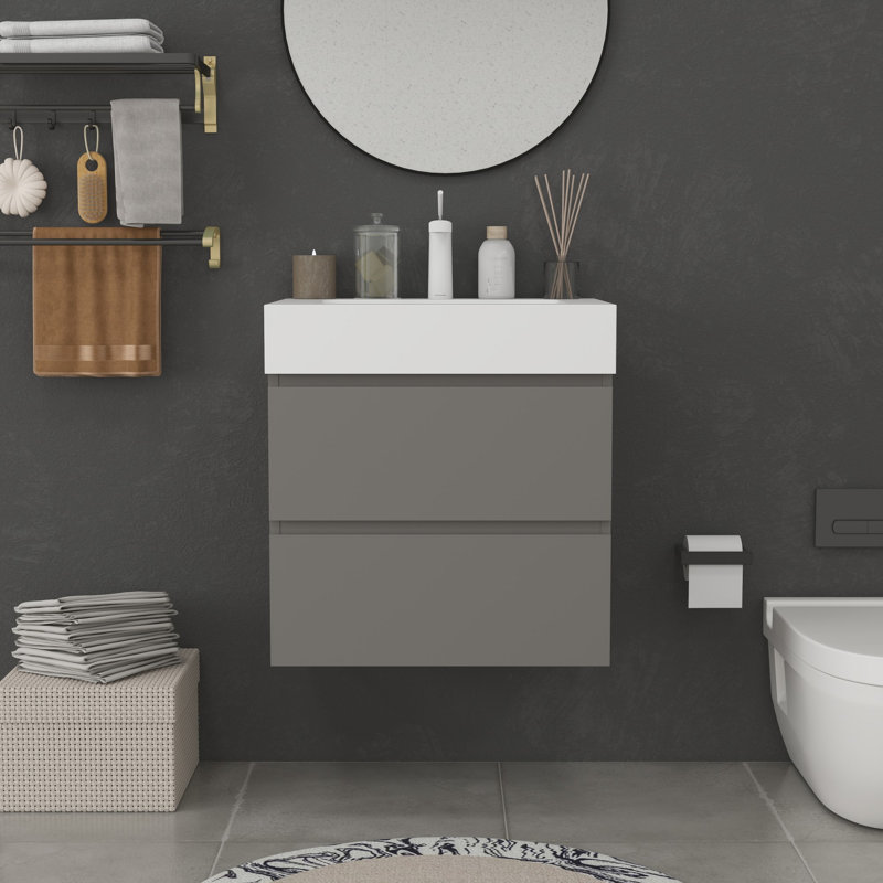 Meuble-lavabo moderne avec lavabo, Gris, Blanc