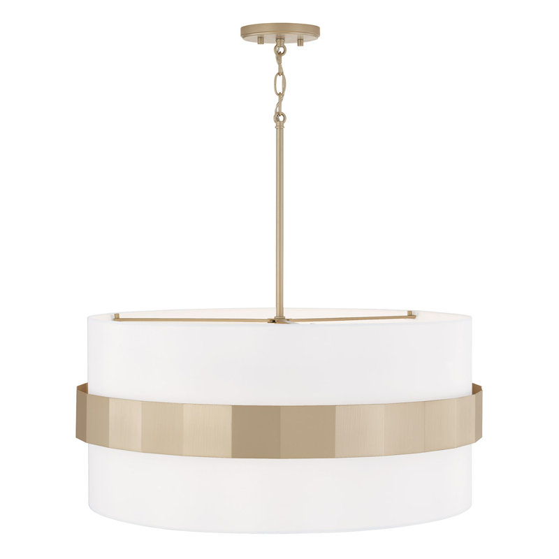 Luminaire suspendu tambour 4 lumières l 26 po x H 13,5 po en or doux avec abat-jour en tissu blanc et diffuseur en verre givré