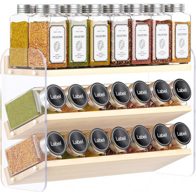 Clear Spice Rack Organizer for Cabinet, 3 Tiered Vertical Spice Shelf, Wooden Seasoning Organizer for Countertop, Kitchen, Pantry, Freestanding, 13.3" W × 11.2" H