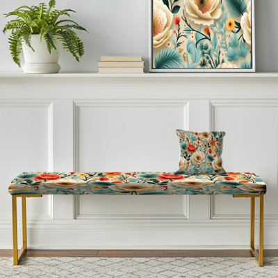 Playful Floral Ivory And Blue Delight - Floral Upholstered Gold Bench