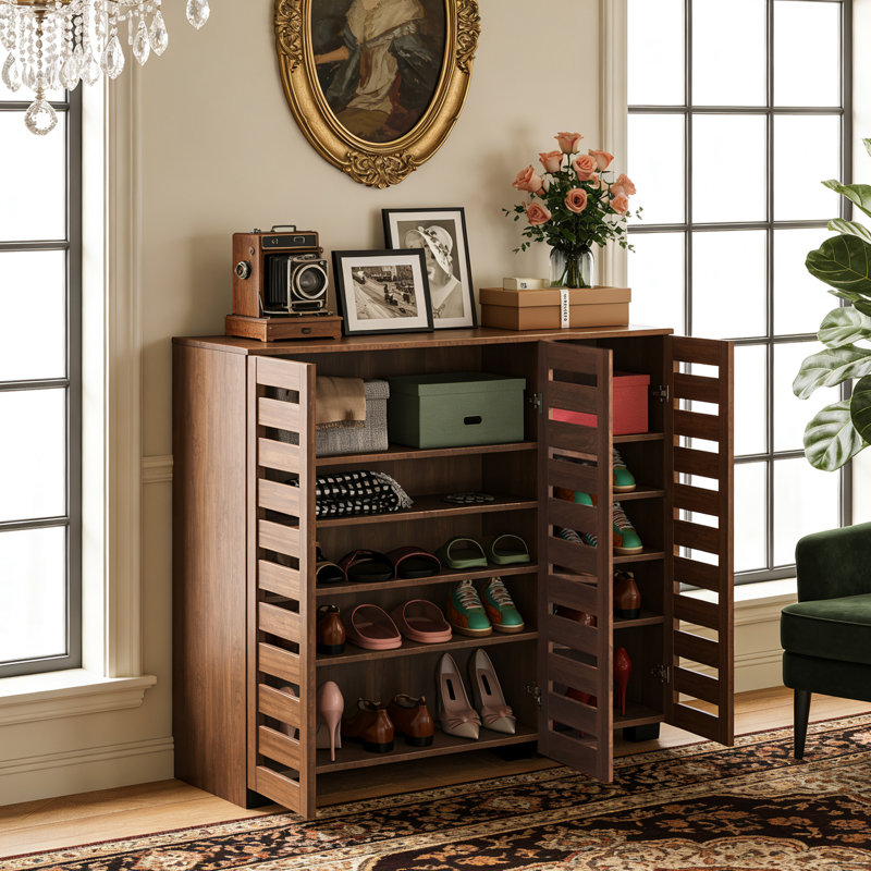 Wooden Shoes Cabinet with Adjustable Shelves, Retro Freestanding Shoe Organizer Cabinet  for Entryway Hallway Living Room, 5-Tier Shoe Cabinet with Louvered Doors for 25 Pairs