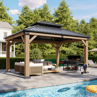 Jolydale Soild Wood Gazebo, Hardtop Gazebo With Galvanized Steel Double Roof, Suitable For Patios, Lawn And Backyard