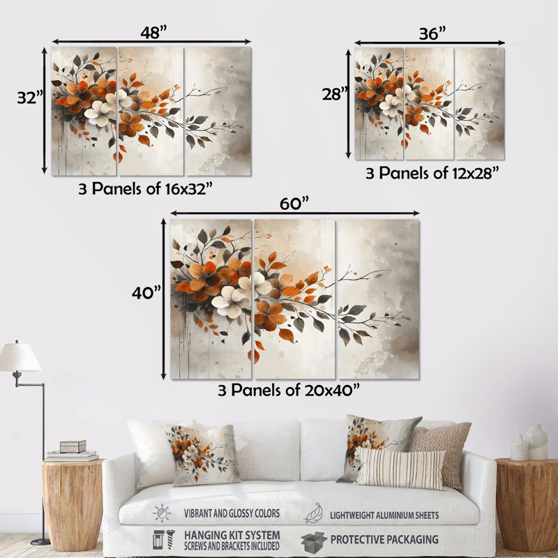 Ensemble d'impressions botaniques orange, beige et cerisier en fleurs, Métal métal, H 32 po x l 48 po x P 1 po