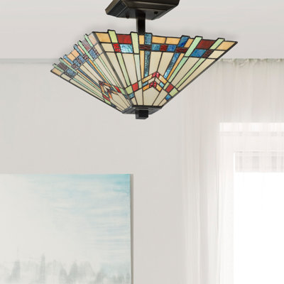Plafonnier semi-encastré en verre coloré de style Tiffany 2 lumières 16 po Aibek