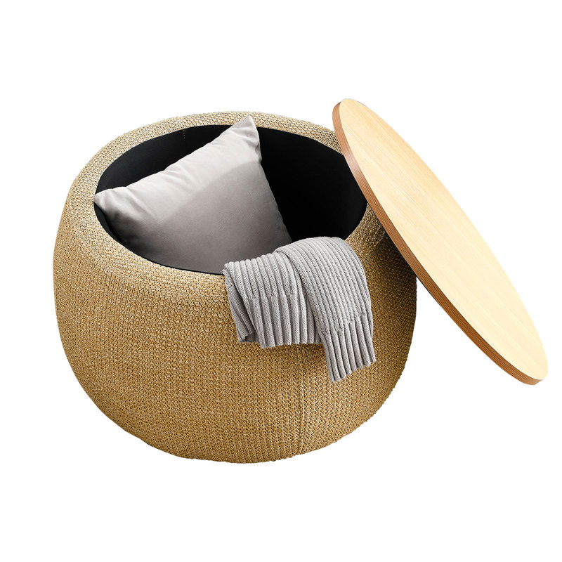 Repose-pieds de rangement rond de 25,5 po de largeur avec couvercle amovible - Repose-pieds rembourré d'aspect lin et table basse - Naturel