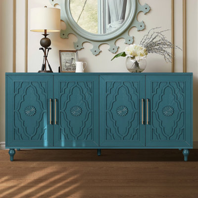 63'' Large Storage Cabinet With Metal Handle, Carved Flower Doors, Wooden Mordern Sideboard Console With Adjustable Shelves For Living Room, Kitchen, Entryway