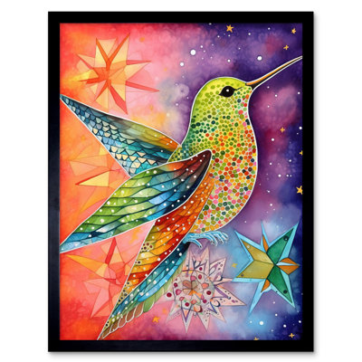 Hummingbird In Vibrant Astral Field Folk Art Watercolour Painting Artwork Framed Wall Art Print 9X7 Inch