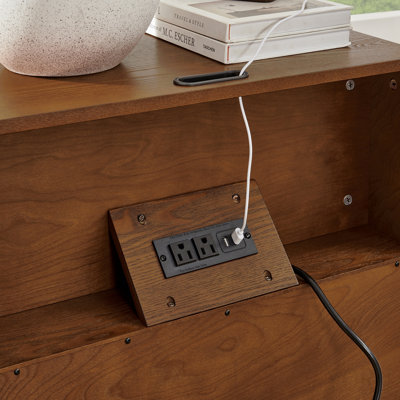 23.4" Mid Century Modern Grille Slat Nightstand With Hidden Charging Station Usb Ports & Outlet Hole, Farmhouse End Table With Open Space And Drawer Dresser, Walnut