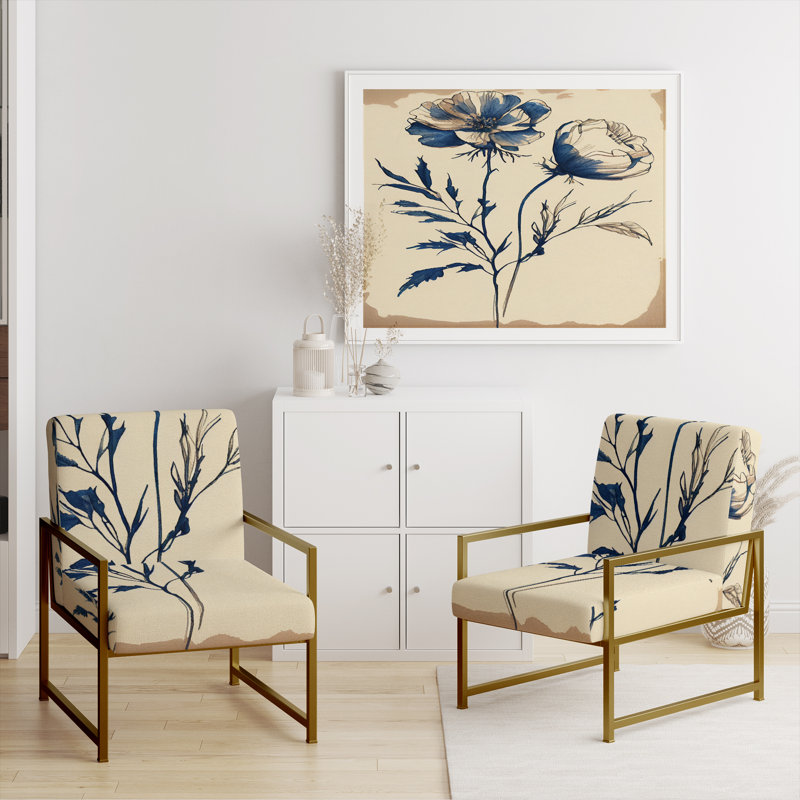 Indigo Flower Blossoming III - Upholstered Farmhouse Arm Chair, Blue Accent Chair, Gold