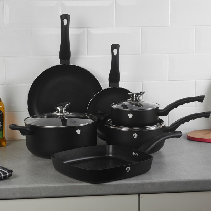 9 - Piece Non-Stick Aluminum Cookware Set, Matt Black