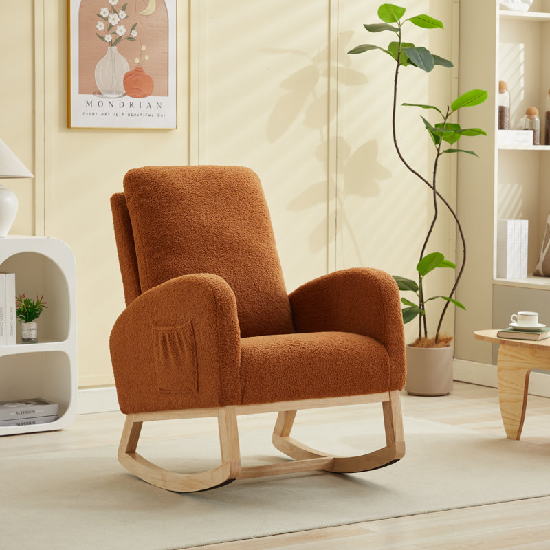Chaise berçante rembourrée avec pieds en bois massif, Caramel
