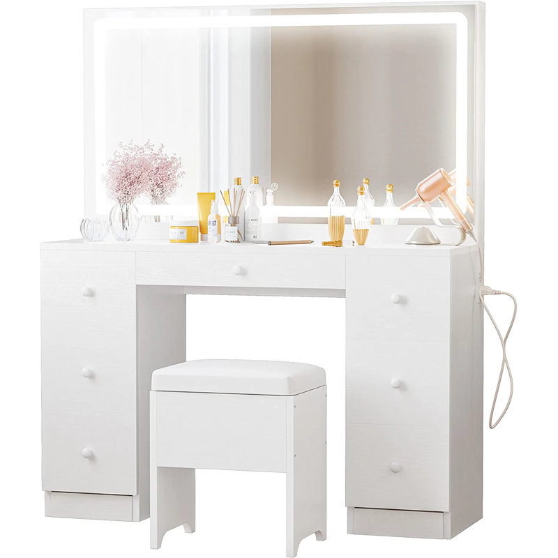 Makeup Vanity Desk with LED Lighted Mirror & Power Outlet & 7 Drawers
