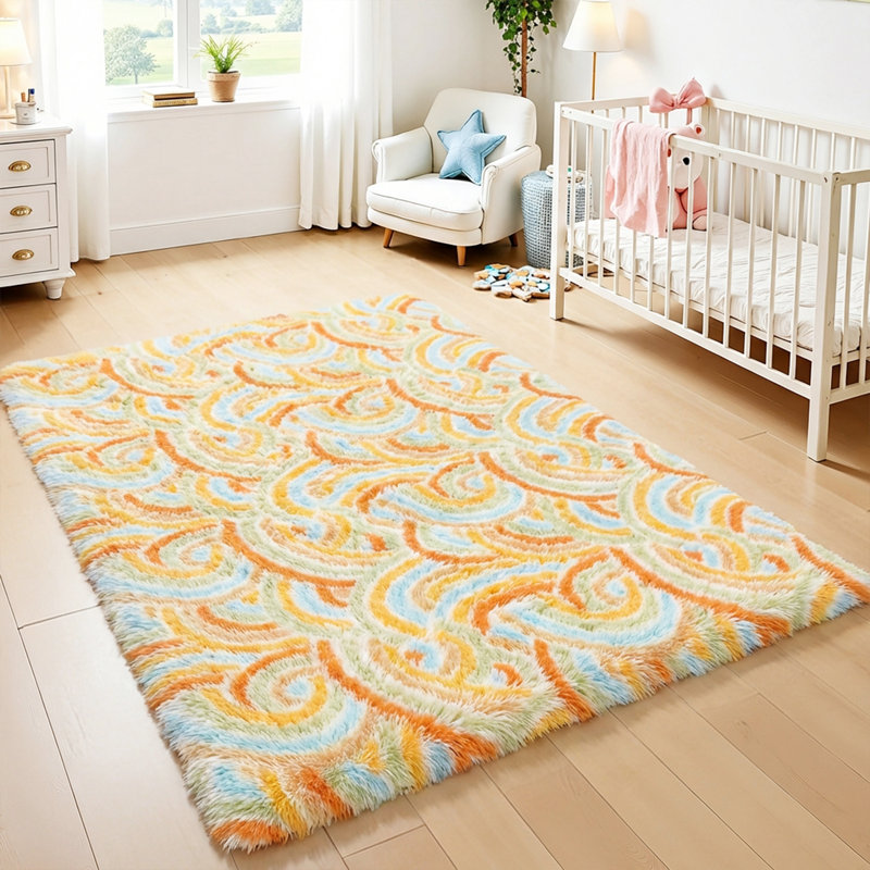 Non-Slip Cute Fluffy Shag Area Rug, Rectangle 6' x 9', Orange/Blue/White