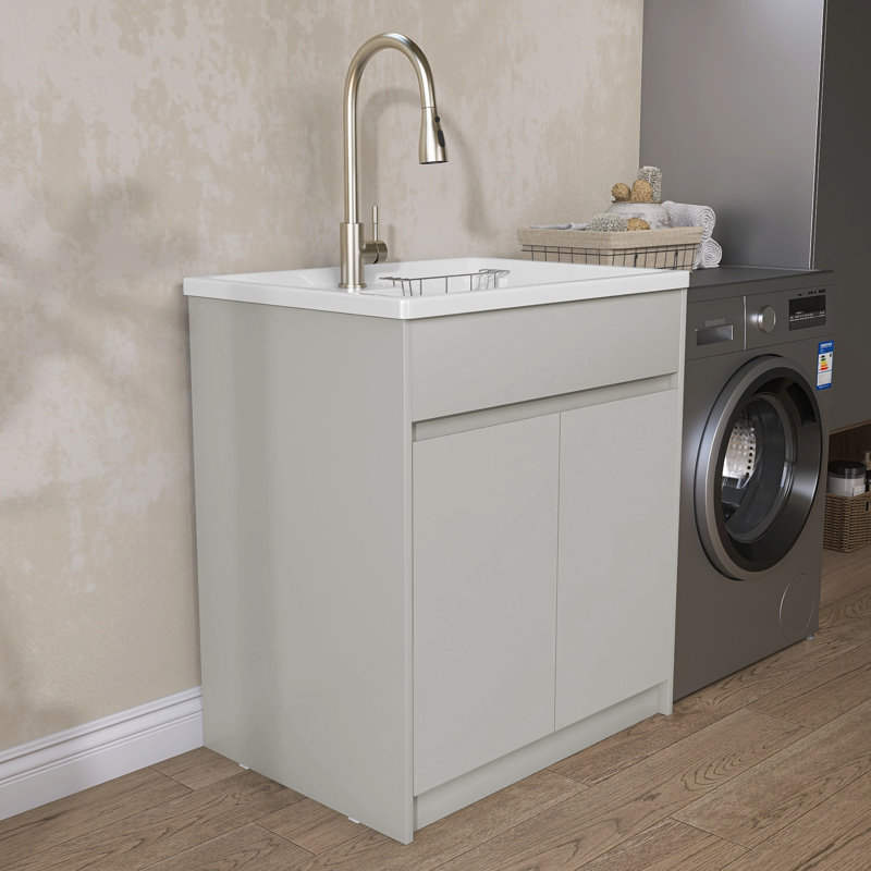 Freestanding 30'' Light Grey Laundry Sink Cabinet with Hot & Cold Water Faucet Drop-in Solid Surface Utility Sink