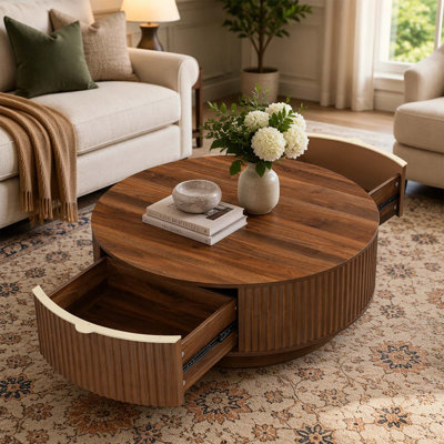 Farmhouse Round Coffee Table with Storage, Modern Fluted Design, Golden Handle, Wood Center Table for Living Room