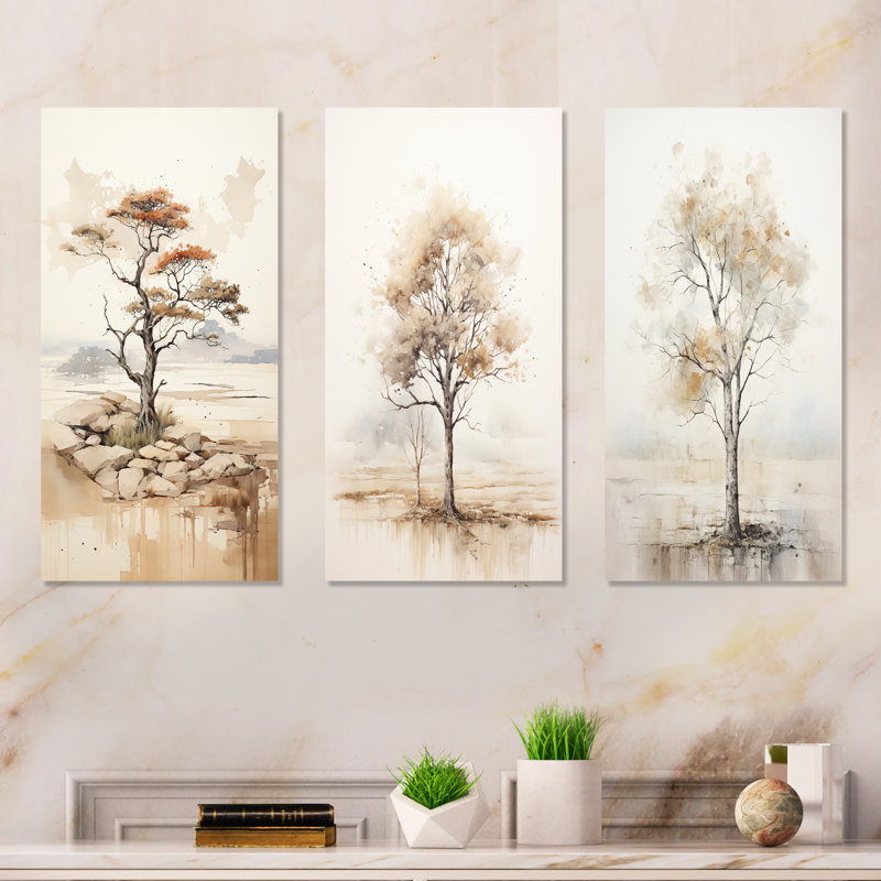 Beige Minimalism African Lansdcape II - Tree African Metal Wall Decor Set Of 3, 32" H x 48" W