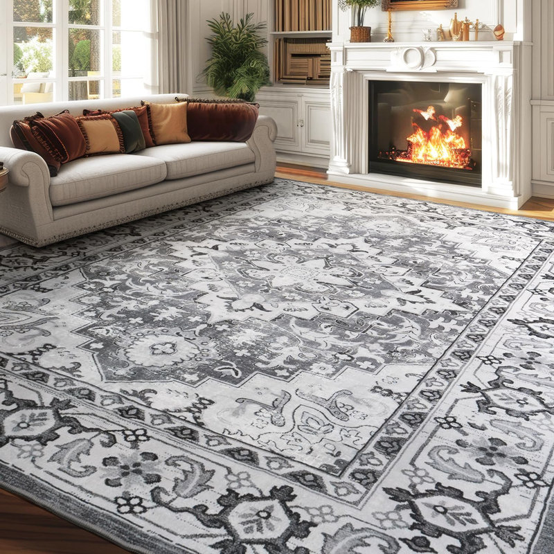 9'x12' Washable Area Rugs Vintage Faux-Wool Boho Carpet for Living Room, Rectangle 9' x 12', Blue