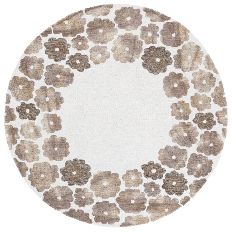 Rudwan Hand Tufted Indian Wool/Cotton Floral Rug in Beige/Ivory, Round 6'