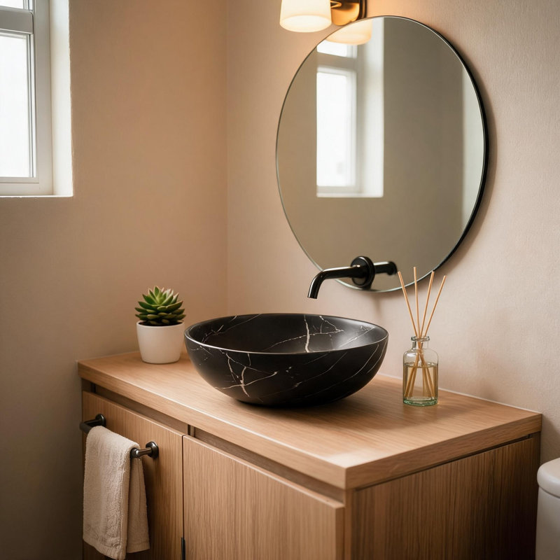 Vasque de salle de bain en céramique noire mat de 35,5 cm (14 pouces) avec motif de pierre et sans robinet