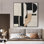Très grand art mural imprimé sur tissu - Composition géométrique abstraite moderne avec des formes texturées noires, beiges et blanches pour le salon ou la chambre à coucher - «Assemblage requis du cadre (cadre non fini)»