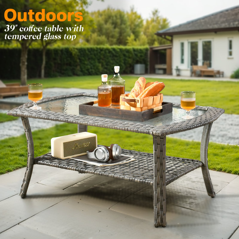 Allcot 6 - Person Wicker/Rattan Outdoor Loveseat Seating Group with Coffee Table and Cushions, All Weather Conversation Set for Garden Backyard