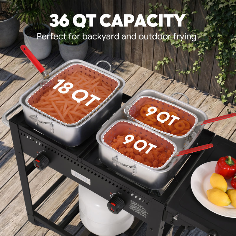  Friteuse d'extérieur au propane avec chariot mobile FEASTO, réchaud indépendant à 2 brûleurs avec 100 000 BTU, 2 pots en aluminium de 18 pte, friteuse pour poisson, frites et poulet, certifié CSA