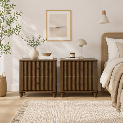2-Piece Fluted Nightstand Set, 21.65" Wide Mid Century Modern Wood Side Table with 3 Drawers, Metal Handle, Walnut Wooden Bedside End Table for Bedroo