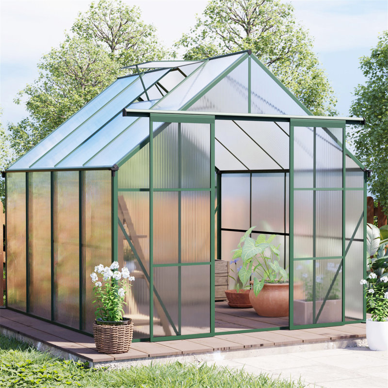 Base surélevée en polycarbonate à double porte de 8 pi x 8 pi et serres en aluminium pour ancrage robuste, Vert