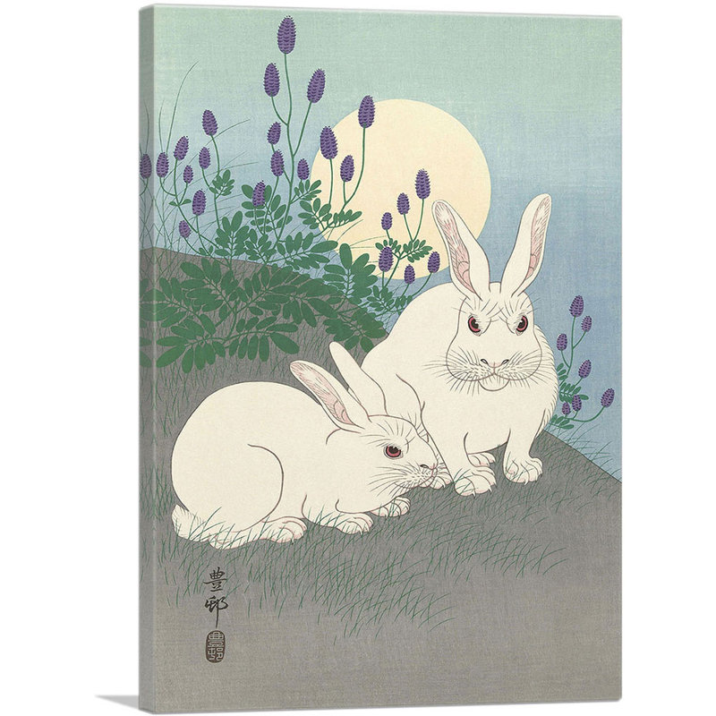 «Rabbits and The Moon» par Ohara Koson - reproduction d'art sur toile tendue, H 26 po x l 18 po x P 0,75 po