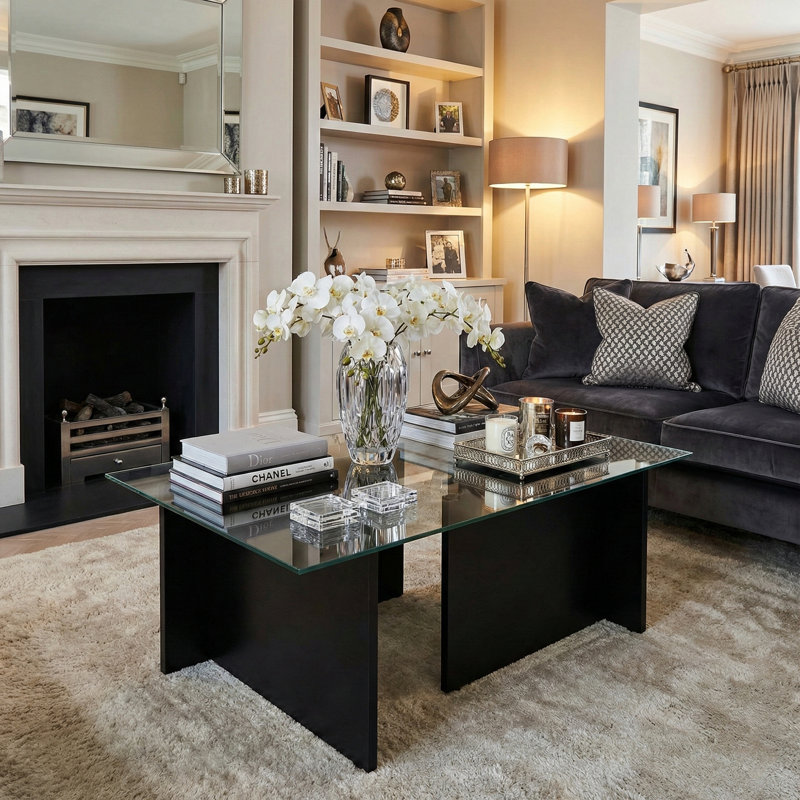 Rectangle Tempered Glass Coffee Table, Wood Black, 15.7" H x 41.3" L x 25.6" W