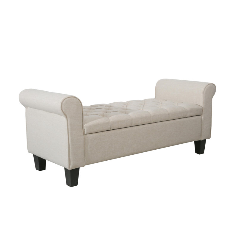 Claxton 50 Inch Contemporary Button Tufted Upholstered Storage Bench with Flip Top, Rolled Arms, Soft Close Hinges, Beige