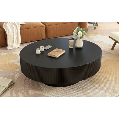 ON-TREND Elegant Easy Assembly Round Coffee Table with 6.8" Thick Tabletop, Modern Drum End Table, Minimalist Fluted Center Table with Sturdy Base for Living Room, 31.5"*31.5"*13.7"