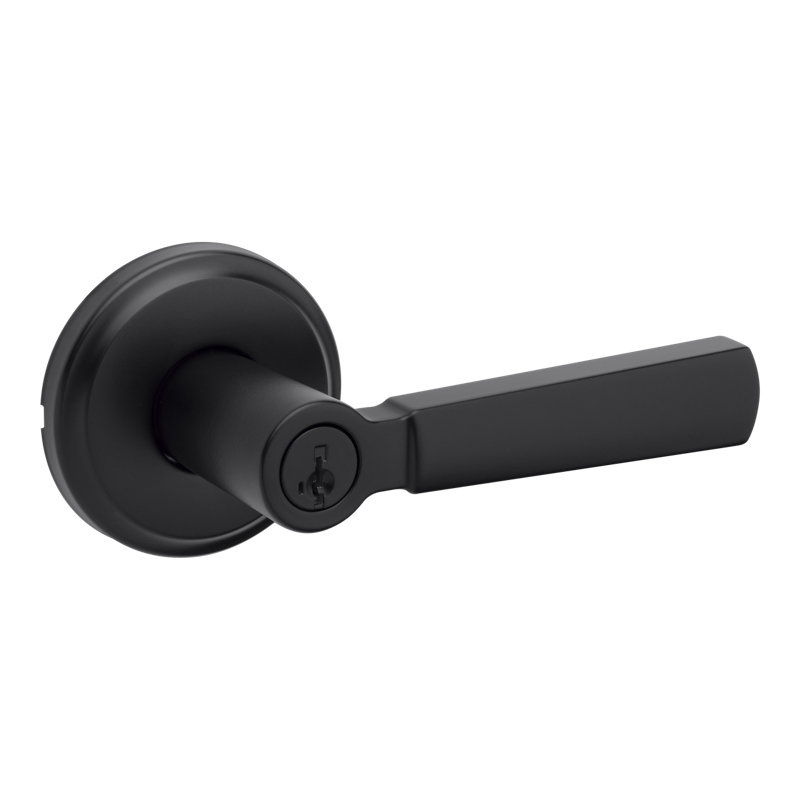 Matte Black Transitional Keyed Entry Door Lever with Round Rosette