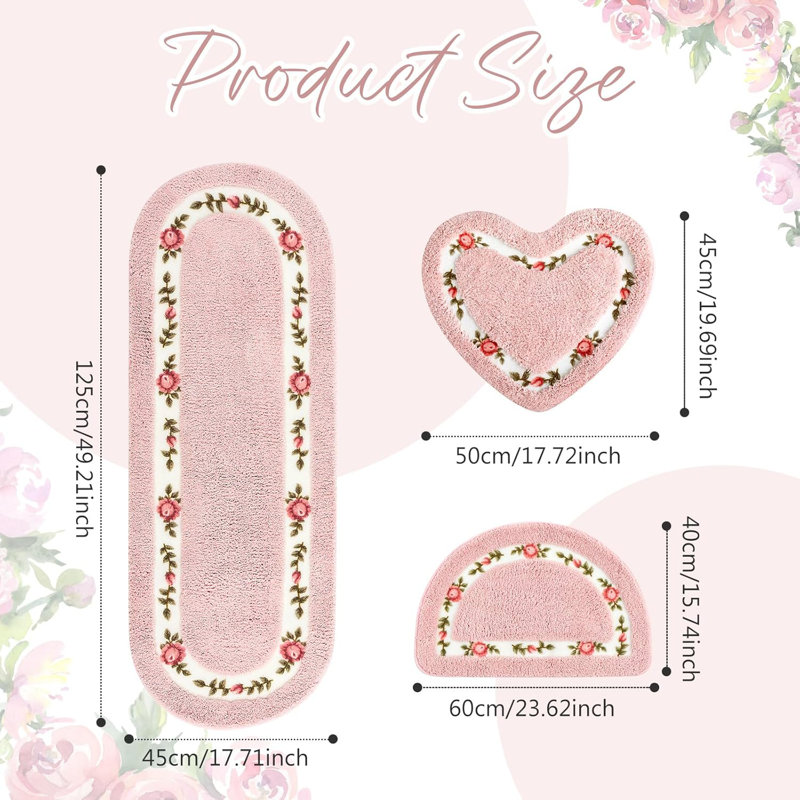 Ensemble de 3 tapis de salle de bain à motif de fleurs roses et antidérapants