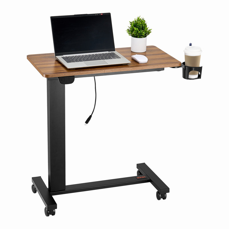 Overbed Table, Mobile Bed Side Table with 4 Wheels, Electric Lifting with Upgrade Button, Rolling Laptop Desk with Cup Holder, Height Adjustable Overbed Desk for Home, Office, Study