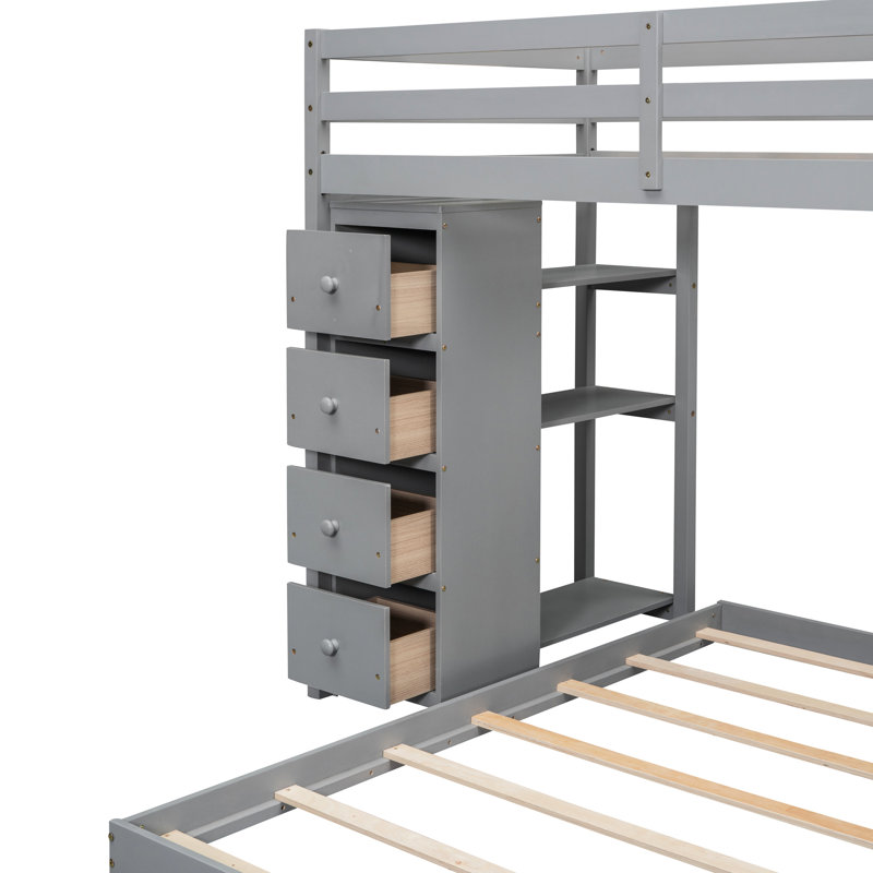 Twin Over Full Bunk Bed In Gray - Maximize Storage With 3-Layer Shelves, Drawers & Stairs Drawer Practical Versatile