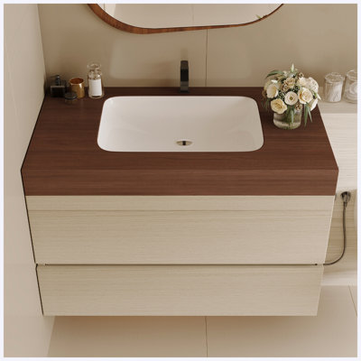 Meuble-lavabo flottant moderne de 29,9 po avec comptoir en faux marbre, lavabo encastré en céramique et meuble-lavabo mural pour petite salle de bain